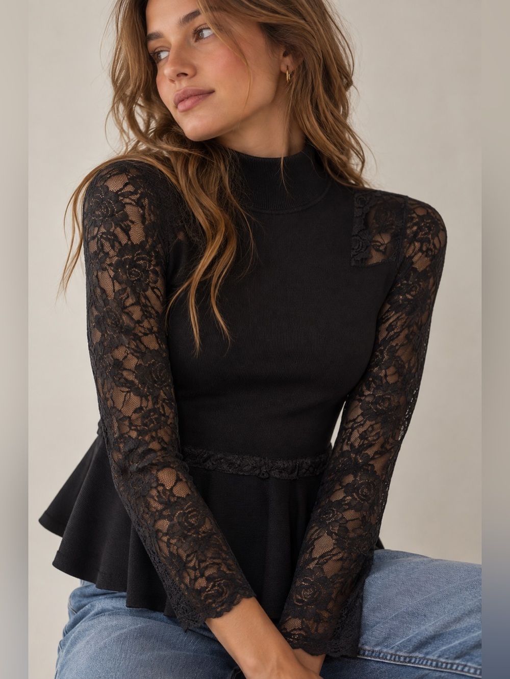 INC International Concepts Black Lace Sleeve Peplum Sweater Top Small